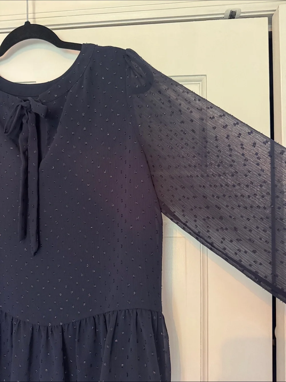 LOFT Navy Sheer Swiss Dot Peplum Blouse